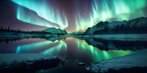 Sunset over the lake with northern lights
