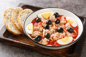 Murcian salad, easy, rich, healthy and fresh to eat in summer closeup on the plate on the wooden board. Horizontal