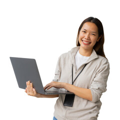 close up young manager asian businesswoman hold laptop and type while looking on transparent...