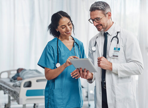 Digital tablet, collaboration and team of doctors analyzing results or diagnosis of patient in clinic. Teamwork, medical and healthcare workers in discussion and research on mobile device in hospital