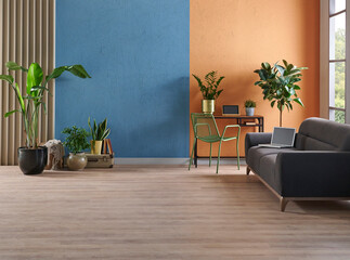 Decorative living room interior concept, modern home style, blue and orange wall background concrete,vase of plant, furniture, garden view, parquet floor.