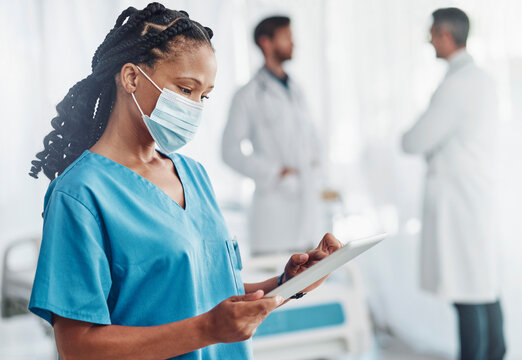 Doctor, Covid Or Black Woman On Tablet Writing Checklist For Healthcare Or Medical Information Research. Nurse, Medicine Or Worker On Tech For Digital Wellness Report Planning Or Reading News Article