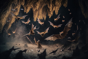 A group of bats hanging upside down in a cave