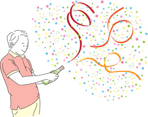 紙吹雪とリボンが飛び出すワインボトルを持つ笑顔の若い男性