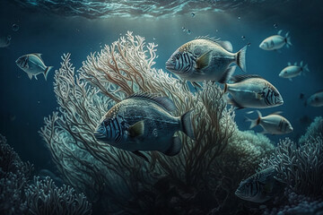  A school of fish swimming in a coral reef