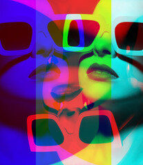 Close-up beautiful woman portrait with classic hairstyle, big retro sunglasses, lipstick and round earrings. Model looking up. RGB channel color split effect applied. Futuristic looking style