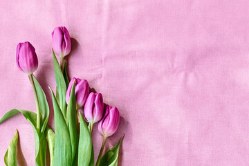 Colorful tulips on linen fabric. Pink, magenta tulips on wrinkled fuchsia cotton. Muted tone....