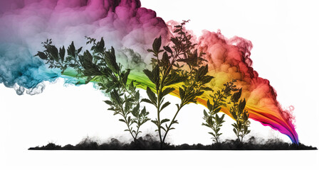 Rainbow plants muting to rainbow clouds and colored swirls, elegant floral background, luxury, copy space. Generative AI.