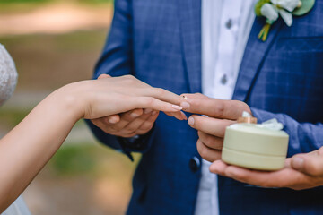 traditional exchange of rings at the wedding ceremony. The blonde bride and groom wear wedding rings at the marriage registration.