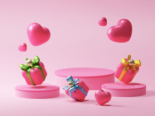 Falling pink love heart shape and birthday gift box on empty podium product display 3d illustration