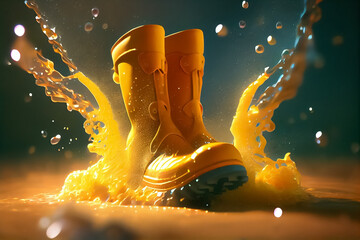 ikkustration of yellow rubber boots and water splash . AI
