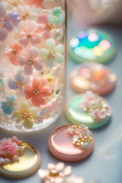 かわいい ガラス瓶に入ったパステルカラーのフラワーデコレーション 花の形の雑貨 キャンディのフェイクスイーツのイラスト Generative AI