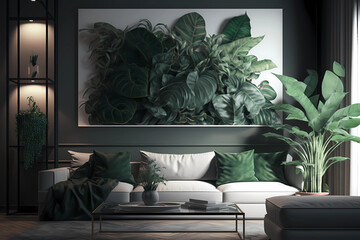 Dark living room interior with sofa and plants, 3d render illustration. Generative AI