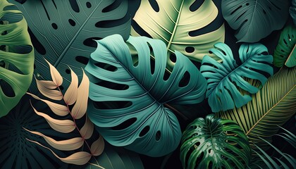 Tropical Leaves Background, Leaf Pattern Wallpaper, Ai, Ai Generated