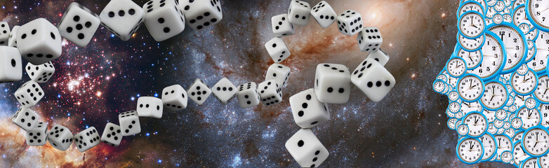Dice placed in the form of a continuous chain. Face profile made up of dials and  starry sky as a background.