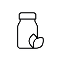 Vegan beauty thin line icon: bottle with leaf. Herbal supplement. Modern vector illustration for organic shop.