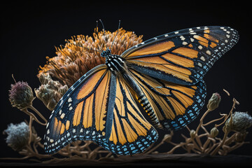 Fototapeta na wymiar A single monarch butterfly on a flower, highlighting the stunning beauty and importance of pollinators
