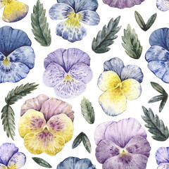 Watercolor seamless pattern with vintage illustrations of pansy flowers and leaves isolated on white.