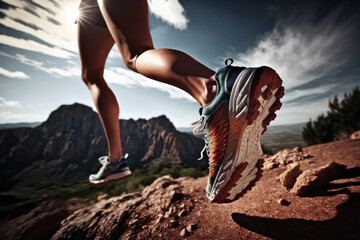 Hiking in the mountains. Woman with sports shoes running on a trail, close up. Generative AI