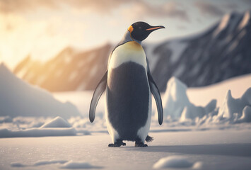 Fototapeta premium Adult penguin. Standing on snow. With beautiful snowy landscape behind. Generative AI