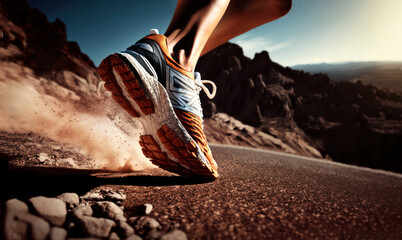 Hiking in the mountains. Athlete with sports shoes running on a trail, close up. Generative AI