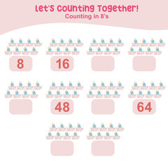 Counting by eight's the unicorn with valentine day theme practising math in multiple of 8s activity worksheet for kids. Write the missing numbers, math multiples. 