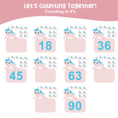 Counting by nine's the kawaii unicorn practising math in multiple of 9s activity worksheet for kids. Write the missing numbers, math multiples. Educational printable math worksheet 