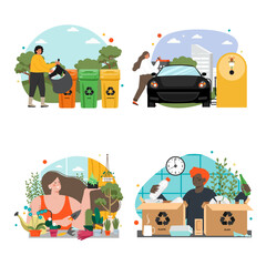 Fototapeta premium Vector people character sorting garbage flat set
