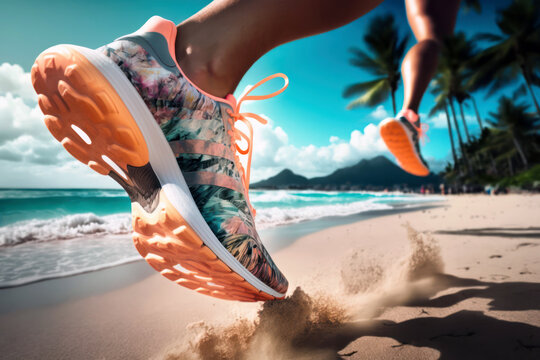 Running on a sandy beach, female legs with sport shoes on the coast by the sea close up. Generative AI