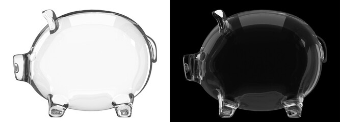 Empty glass piggy bank isolated side view on black and white background, 3D rendering illustration