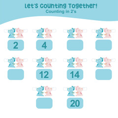 Counting by two's the cute and kawaii baby dragon practising math in multiple of 2s activity worksheet for kids. Write the missing numbers, math multiples. Educational printable math worksheet.