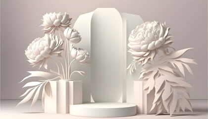 White 3D rendering of minimal background with rose flowers. Generative Ai.