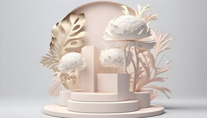 Pastel Podium 3D rendering of minimal background with rose flowers. Generative Ai.