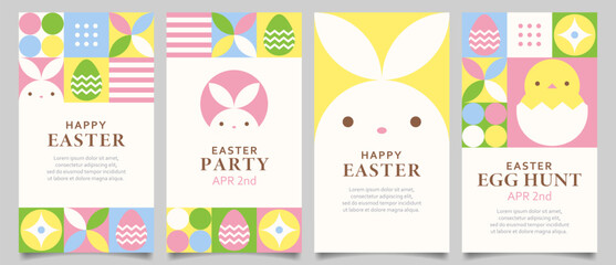 Fototapeta na wymiar Happy Easter background set with colorful geometric design elements. Easter templates for social media story, vertical video, greeting card, banner, invite, etc.