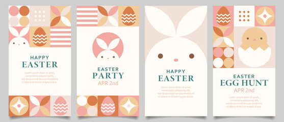 Happy Easter background set with geometric design elements in warm earth tone colors. Easter templates for social media story, vertical video, greeting card, banner, invite, etc.