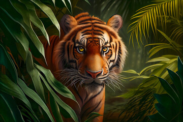 Naklejka na ściany i meble Tiger in the tropical jungle, generative ai illustration