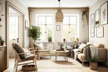 Fototapeta na wymiar Beige scandinavian style interior with natural wood furniture. Created with Generative AI technology.