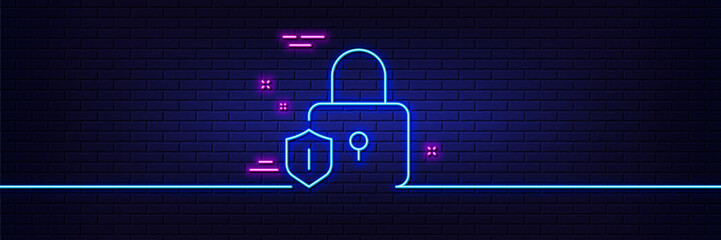 Neon light glow effect. Lock line icon. Padlock protection sign. Security access shield. 3d line neon glow icon. Brick wall banner. Lock outline. Vector