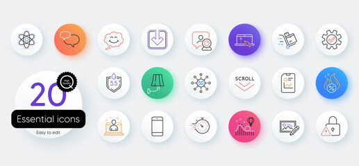 Simple set of Smartphone, Load document and Timer line icons. Include Inventory cart, Ph neutral, Service icons. Report document, Hot loan, Roller coaster web elements. Photo edit. Vector
