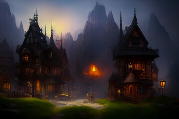 Fototapeta premium Breathtaking Stunning Dark Creepy Cute Village with Generative AI