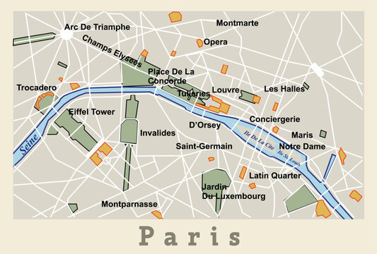 Decorative poster map of central Paris. Vector