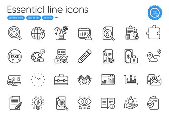 Verification document, Safe time and Chemistry lab line icons. Collection of Report statistics, Analytics chart, Accounting icons. Puzzle, Technical info, Accounting report web elements. Vector