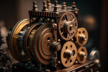 A close up of a complex mechanical device or machinery with gears and levers - obrazy, fototapety, plakaty