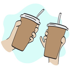 closeup two hands holding iced coffee illustration vector hand drawn isolated on white background line art.