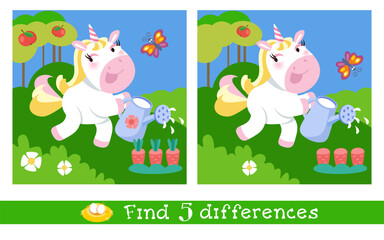 Find 5 hidden differences. Educational puzzle game for children. Cute isolated unicorn waters flowers in garden from leek. Cartoon character animal horse. Vector illustration. 