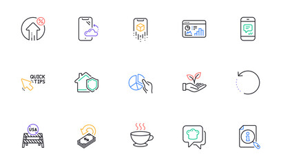Loan percent, Coffee cup and Augmented reality line icons for website, printing. Collection of Cooking hat, Cashback, Home insurance icons. Smartphone cloud, Seo statistics. Vector