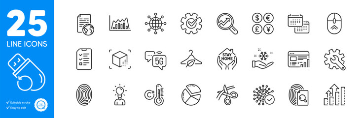 Outline icons set. Interview, Calendar and Infographic graph icons. 5g internet, Cogwheel, Analysis graph web elements. Internet document, Scissors, Augmented reality signs. Pie chart. Vector