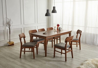 Fototapeta na wymiar Wood dining table landscape with sunlight.
