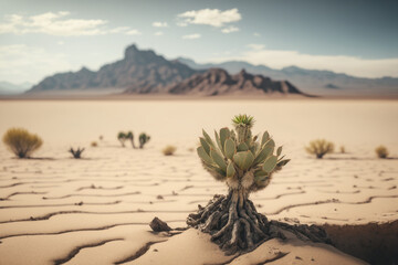 a vast open desert landscape with a solitary cactus plant in the foreground., representing the concept of resilience or adaptation in the face of adversity