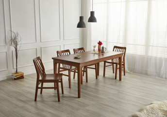 Wood dining table landscape with sunlight.